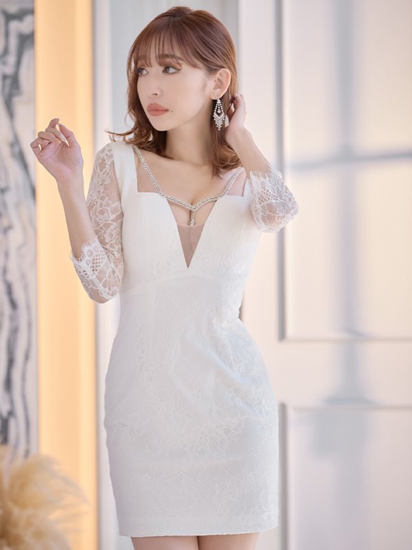 画像10: XS-Lサイズあり【Glossy/グロッシー】バストビジュー/ レーススリーブ/ 袖あり/ ワンカラー/ 総レース/ タイト/ ミニドレス/ キャバドレス【OF08】 (10)