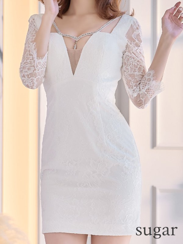 画像12: XS-Lサイズあり【Glossy/グロッシー】バストビジュー/ レーススリーブ/ 袖あり/ ワンカラー/ 総レース/ タイト/ ミニドレス/ キャバドレス【OF08】 (12)