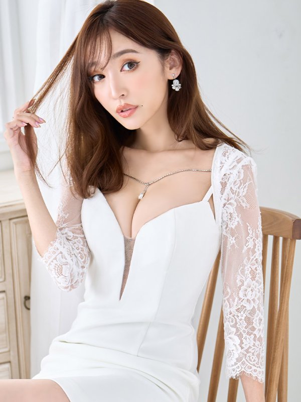 画像13: 【Glossy/グロッシー】袖あり/ レース/ バストビジュー/ シンプル/ ワンカラー/ タイト/ ミニドレス/ キャバドレス【OF08】 (13)