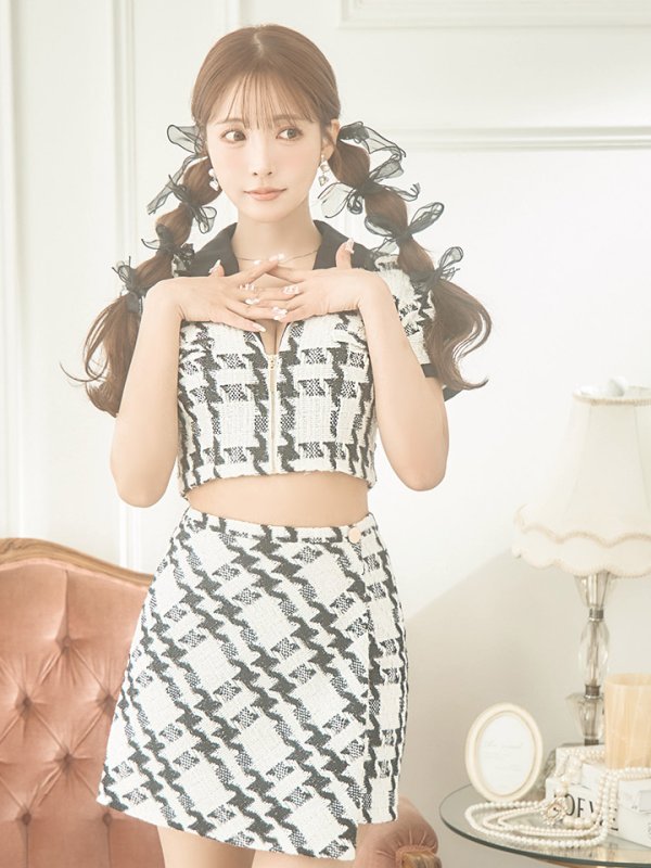 画像4: XSサイズあり【Glossy/グロッシー】セットアップ/ チェック/ ツイード/ 半袖/ フロントジップ/ タイト/ ミニドレス/ キャバドレス[OF2] (4)