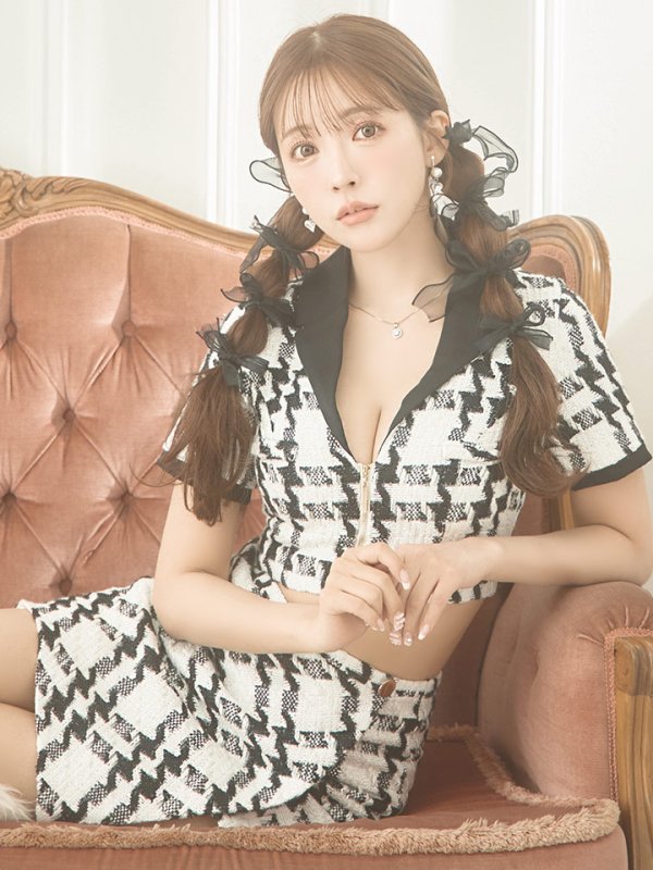 画像5: XSサイズあり【Glossy/グロッシー】セットアップ/ チェック/ ツイード/ 半袖/ フロントジップ/ タイト/ ミニドレス/ キャバドレス[OF2] (5)