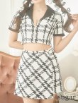 画像13: XSサイズあり【ROBE de FLEURS Glossy/ローブ・ド・フルール グロッシー】セットアップ/ チェック/ ツイード/ 半袖/ フロントジップ/ タイト/ ミニドレス/ キャバドレス[OF2] (13)