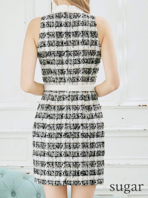 画像11: XSサイズあり【Glossy/グロッシー】フロントジッパー/ チェック柄ツイード/ ツイード/ ノースリーブ/ タイト/ ミニドレス/ キャバドレス【OF08】 (11)