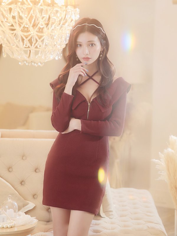 画像14: XSサイズあり【Glossy/グロッシー】フロントジッパー/ オフショルダー/ リブニット/ 袖あり/ 長袖/ シンプル/ ワンカラー/ ストレッチ/ タイト/ ミニドレス/ キャバドレス[OF08] (14)