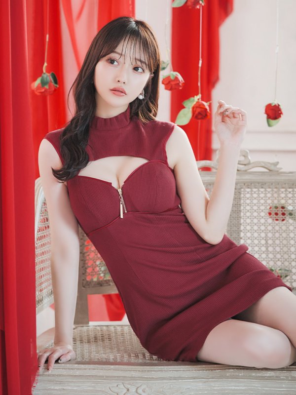 画像2: XSサイズあり【Glossy/グロッシー】フロントジッパー/ リブニット/ ノースリーブ/ ワンカラー/ タイト/ ミニドレス/ キャバドレス[OF08] (2)