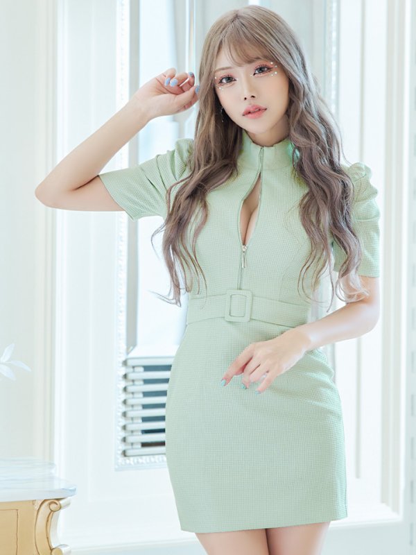 画像2: XSサイズあり【Glossy/グロッシー】バストジッパー/ スプリングツイード/ 半袖/ 袖あり/ ワンカラー/ タイト/ ミニドレス/ キャバドレス[OF08] (2)