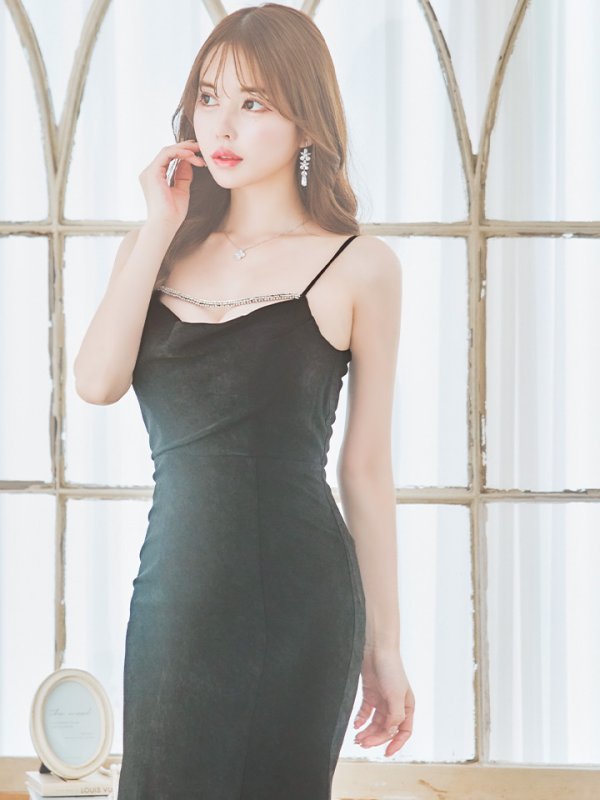 画像15: 【Glossy/グロッシー】サイドレース/ ファーストラップ/ ワンカラー/ キャミソール/ ストレッチ/ タイト/ ミモレ丈/ ロングドレス/ キャバドレスlong[OF2] (15)