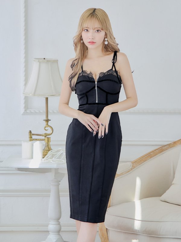 画像7: XSサイズあり【Glossy/グロッシー】フロントジップ/ ベロアリボンキャミ/ ワンカラー/ タイト/ ミディアムドレス/ キャバドレス[OF08] (7)