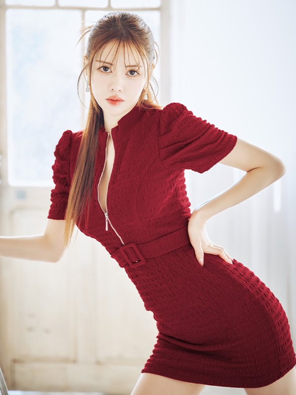 画像2: XSサイズあり【Glossy/グロッシー】バストジッパー/ ワッフル/ 袖あり/ 半袖/ シンプル/ ワンカラー/ ストレッチ/ タイト/ ミニドレス/ キャバドレス[OF08] (2)