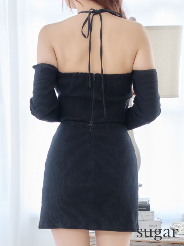 画像10: XSサイズあり【Glossy/グロッシー】リブニット/ アームカバー/ フロントジップ/ ストレッチ/ タイト/ セットアップ/ ミニドレス/ キャバドレス[OF08] (10)