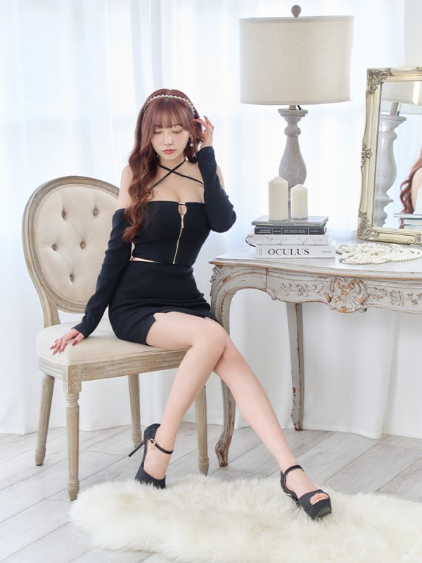 画像3: XSサイズあり【Glossy/グロッシー】リブニット/ アームカバー/ フロントジップ/ ストレッチ/ タイト/ セットアップ/ ミニドレス/ キャバドレス[OF08] (3)