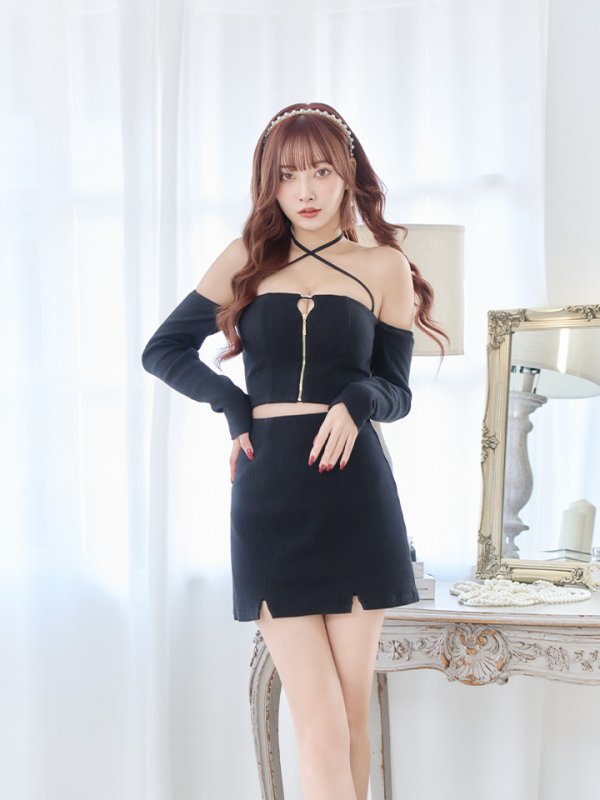 画像4: XSサイズあり【Glossy/グロッシー】リブニット/ アームカバー/ フロントジップ/ ストレッチ/ タイト/ セットアップ/ ミニドレス/ キャバドレス[OF08] (4)