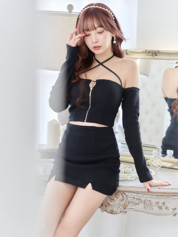 画像5: XSサイズあり【Glossy/グロッシー】リブニット/ アームカバー/ フロントジップ/ ストレッチ/ タイト/ セットアップ/ ミニドレス/ キャバドレス[OF08] (5)