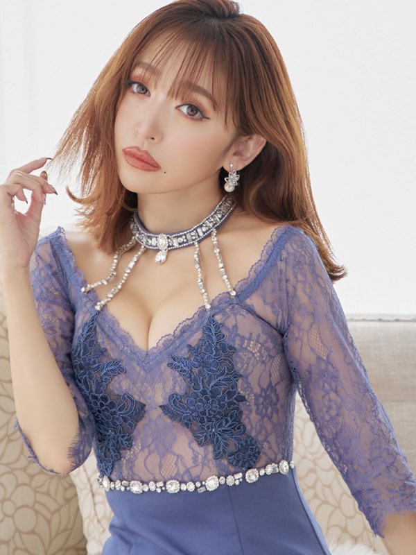 画像18: XSサイズあり【Glossy/グロッシー】ウエストシースルー/ レーススリーブ/ 袖あり/ オフショル/ タイト/ ミニドレス/ キャバドレス[OF08] (18)