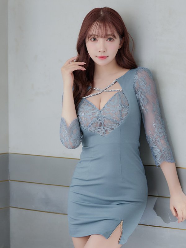 画像16: XS-Lサイズあり【Glossy/グロッシー】クロスビジュー/ 五分袖/ 袖あり/ ストレッチ/ タイト/ ミニドレス/ キャバドレス[OF08] (16)