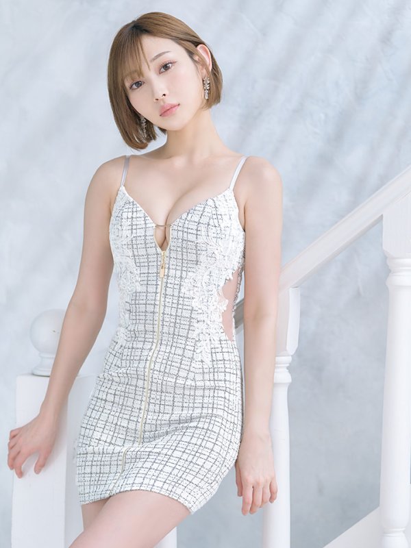 画像2: XSサイズあり【Glossy/グロッシー】スプリングツイード/ ジッパー/ キャミソール/ サイドシアー/ タイト/ ミニドレス/ キャバドレス[OF08] (2)
