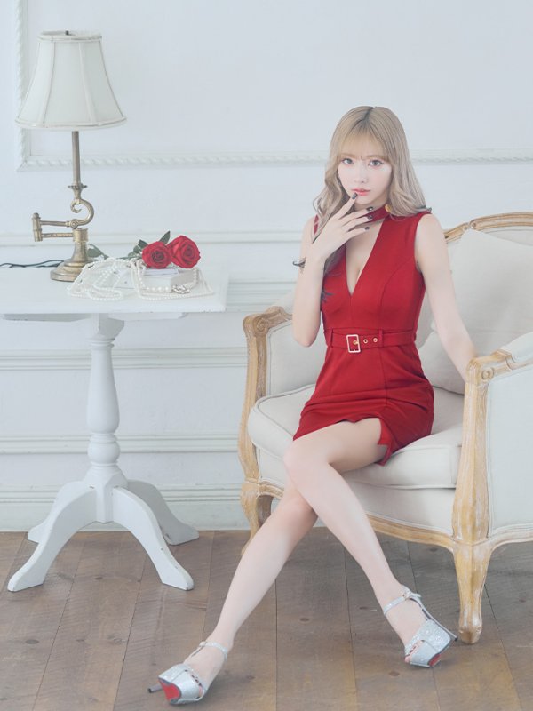 画像3: XSサイズあり【Glossy/グロッシー】チョーカー風ベルト/ カットアウト/ シンプル/ ワンカラー/ ノースリーブ/ タイト/ ミニドレス/ キャバドレス[OF08] (3)