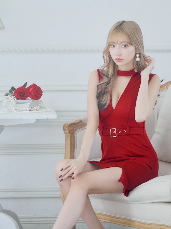 画像5: XSサイズあり【Glossy/グロッシー】チョーカー風ベルト/ カットアウト/ シンプル/ ワンカラー/ ノースリーブ/ タイト/ ミニドレス/ キャバドレス[OF08] (5)