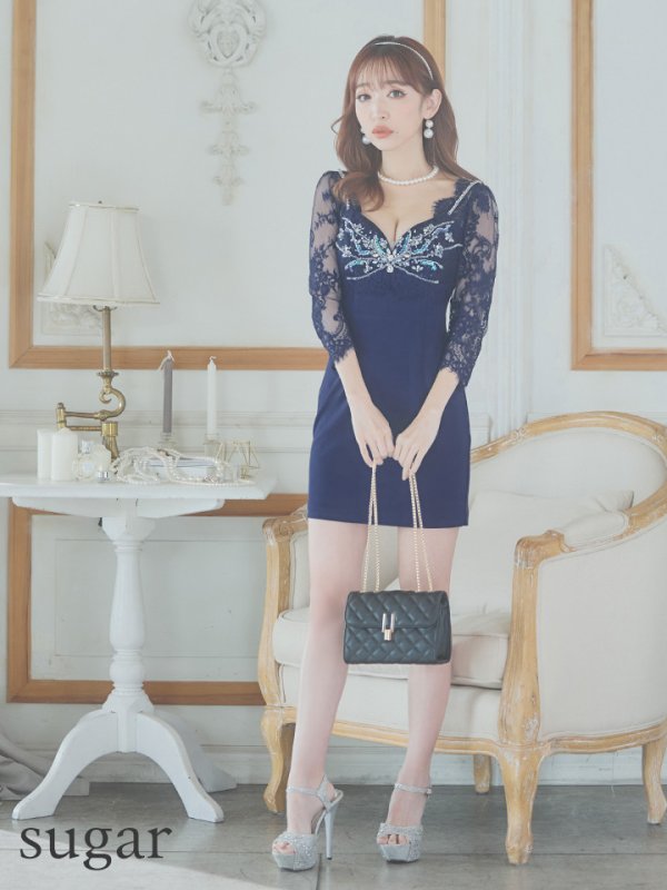 画像7: 【Glossy/グロッシー】レーススリーブ/ 七分袖/ 長袖/ 袖あり/ ビジュー/ ストレッチ/ タイト/ ミニドレス/ キャバドレス[OF08] (7)