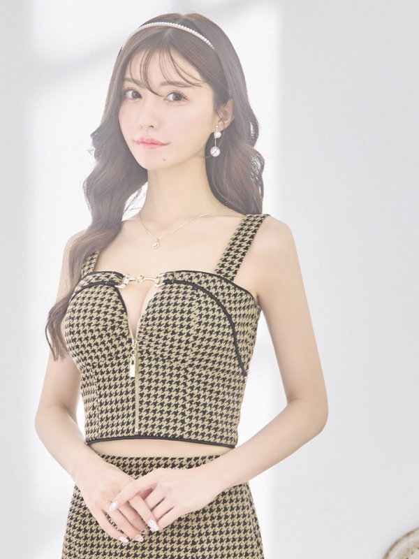 画像10: XSサイズあり【Glossy/グロッシー】ツイード/ 千鳥柄/ ジップ/ チェーン/ フロントロックデザイン/ セットアップ/ タイト/ ミニドレス/ キャバドレス[OF08] (10)