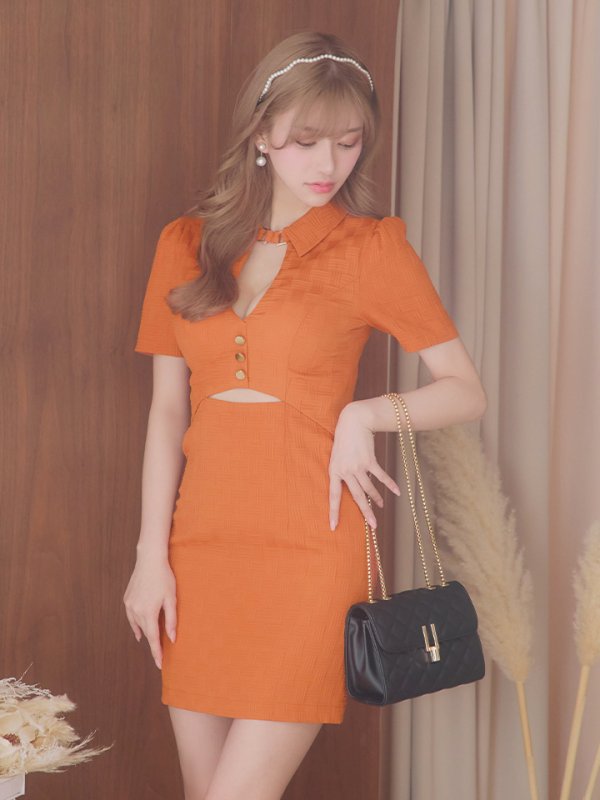 画像2: XSサイズあり【Glossy/グロッシー】バストカット/ ウエストカット/ 袖あり/ 半袖/ バックル/ ストレッチ/ タイト/ ミニドレス/ キャバドレス[OF08] (2)