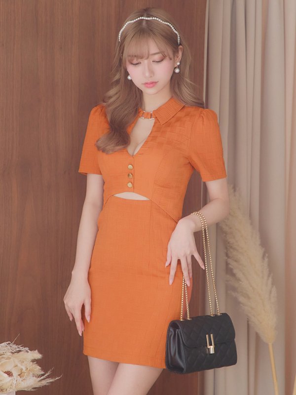 画像4: XSサイズあり【Glossy/グロッシー】バストカット/ ウエストカット/ 袖あり/ 半袖/ バックル/ ストレッチ/ タイト/ ミニドレス/ キャバドレス[OF08] (4)