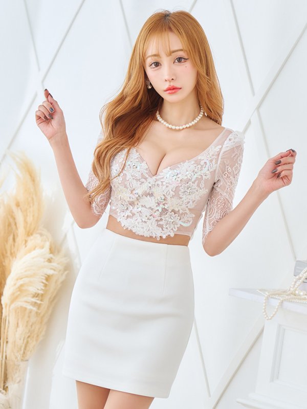 画像5: XSサイズあり【Glossy/グロッシー】レース/ ビジュー/ 五分袖/ 七分袖/ 袖あり/ セットアップ/ タイト/ ミニドレス/ キャバドレス[OF08] (5)