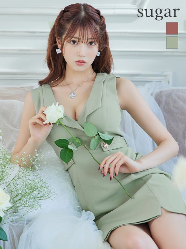 XSサイズあり【ROBE de FLEURS Glossy/ローブ・ド・フルール グロッシー】襟付き/ レザーベルトデザイン/ ノースリーブ/ シンプル/ ワンカラー/ タイト/ ミニドレス/ キャバドレス[OF2]　クラッシュミント