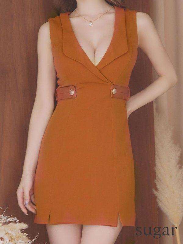 画像14: XSサイズあり【Glossy/グロッシー】襟付き/ レザーベルトデザイン/ ノースリーブ/ シンプル/ ワンカラー/ タイト/ ミニドレス/ キャバドレス[OF08] (14)