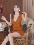 XSサイズあり【ROBE de FLEURS Glossy/ローブ・ド・フルール グロッシー】襟付き/ レザーベルトデザイン/ ノースリーブ/ シンプル/ ワンカラー/ タイト/ ミニドレス/ キャバドレス[OF2]　オレンジ