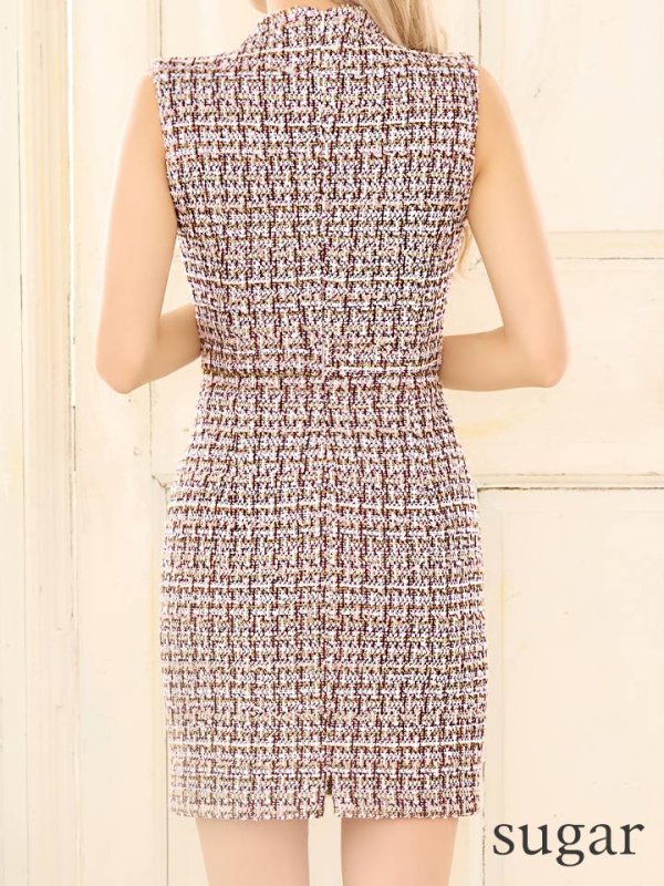 画像14: XSサイズあり【Glossy/グロッシー】ジッパー/ ニットツイード/ シンプル/ ノースリーブ/ ストレッチ/ タイト/ ミニドレス/ キャバドレス[OF08] (14)