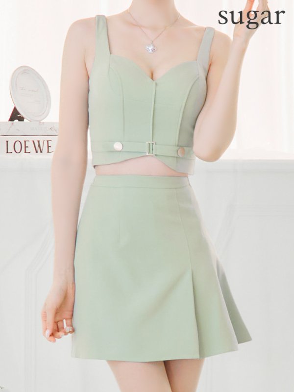 画像14: XSサイズあり【Glossy/グロッシー】ベルトデザイン/ サイドプリーツ/ ノースリーブ/ フレア/ セットアップ/ ミニドレス/ キャバドレス[OF08] (14)