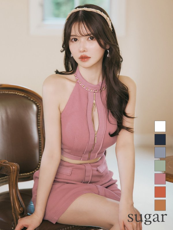 【ROBE de FLEURS Glossy/ローブ・ド・フルール グロッシー】フロントジッパー/ リブニット/ アメリカンスリーブ/ 無地/ ワンカラー/ タイト/ セットアップ/ ミニドレス/ キャバドレス