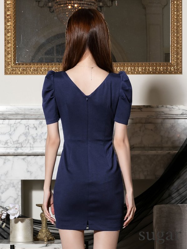 画像9: XSサイズあり【Glossy/グロッシー】フロントジップ/ パフスリーブ/ ストレッチ/ 無地/ ワンカラー/ タイト/ ミニドレス/ キャバドレス[OF08] (9)