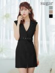 XSサイズあり【ROBE de FLEURS Glossy/ローブ・ド・フルール グロッシー】ジャケット風襟デザイン/ ノースリーブ/ ボタン/ ベルト/ 無地/ タイト/ カジュアル/ ミニドレス/ キャバドレス　ブラック