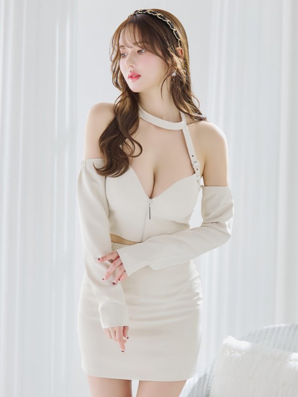 画像12: XSサイズあり【Glossy/グロッシー】袖あり/ 2way/ ホルターリボンネック/ オフショルダー/ セットアップ/ タイト/ ミニドレス/ キャバドレス[OF08] (12)
