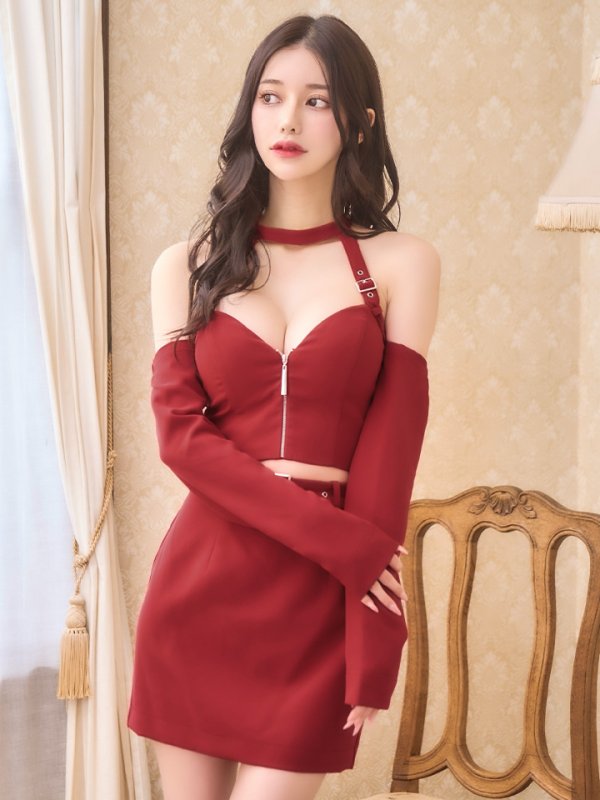 画像6: XSサイズあり【Glossy/グロッシー】袖あり/ 2way/ ホルターリボンネック/ オフショルダー/ セットアップ/ タイト/ ミニドレス/ キャバドレス[OF08] (6)
