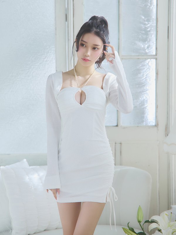 画像12: Lサイズあり【Glossy/グロッシー】2way/ サイドシャーリング/ リボン/ ワッフル/ ワンカラー/ ストレッチ/ タイト/ ミニドレス/ キャバドレス[OF08] (12)