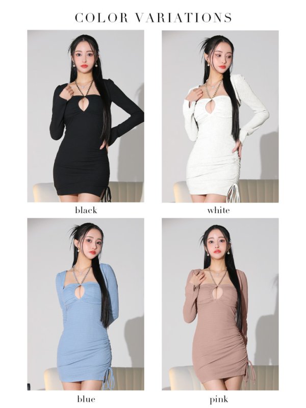 画像24: Lサイズあり【Glossy/グロッシー】2way/ サイドシャーリング/ リボン/ ワッフル/ ワンカラー/ ストレッチ/ タイト/ ミニドレス/ キャバドレス[OF08] (24)