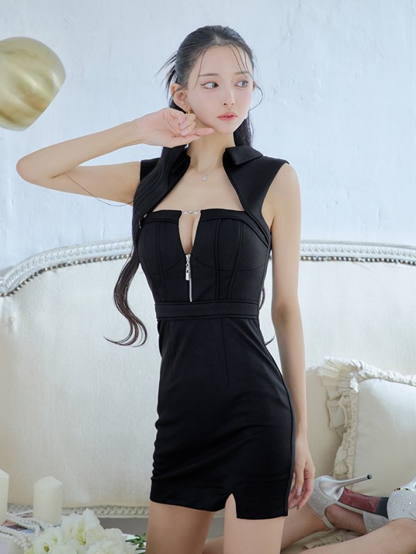 画像2: XSサイズあり【Glossy/グロッシー】襟デザイン/ バストジップ/ タイト/ ミニドレス/ キャバドレス[OF08] (2)