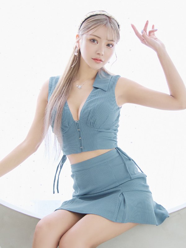 画像10: XSサイズあり【Glossy/グロッシー】バストオープン/ サイドリボン/ スタイリッシュ/ セットアップ/ フレア/ ミニドレス/ キャバドレス[OF08] (10)