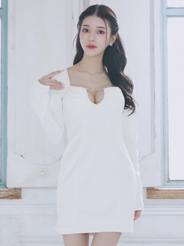 画像14: XSサイズあり【Glossy/グロッシー】ロングスリーブ/ スクエアカット/ バックリボン/ タイト/ ミニドレス/ キャバドレス[OF08] (14)