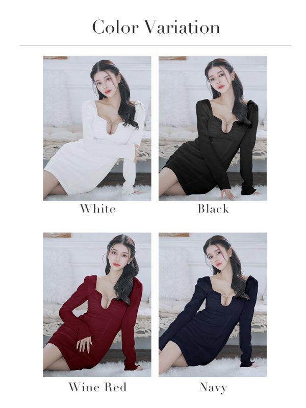 画像29: XSサイズあり【Glossy/グロッシー】ロングスリーブ/ スクエアカット/ バックリボン/ タイト/ ミニドレス/ キャバドレス[OF08] (29)