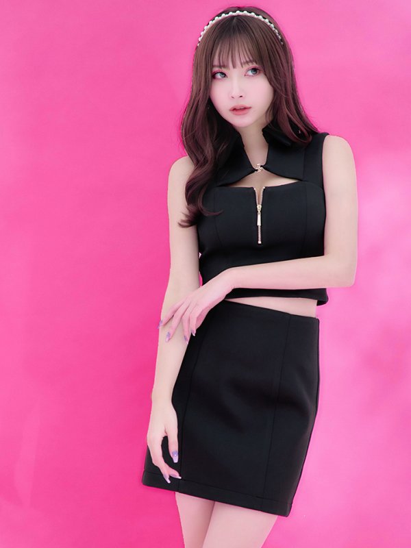 画像4: XSサイズあり【Glossy/グロッシー】襟付き/ フロントジッパー/ ノースリーブ/ ワンカラー/ ストレッチ/ タイト/ ミニドレス/ キャバドレス[OF08] (4)