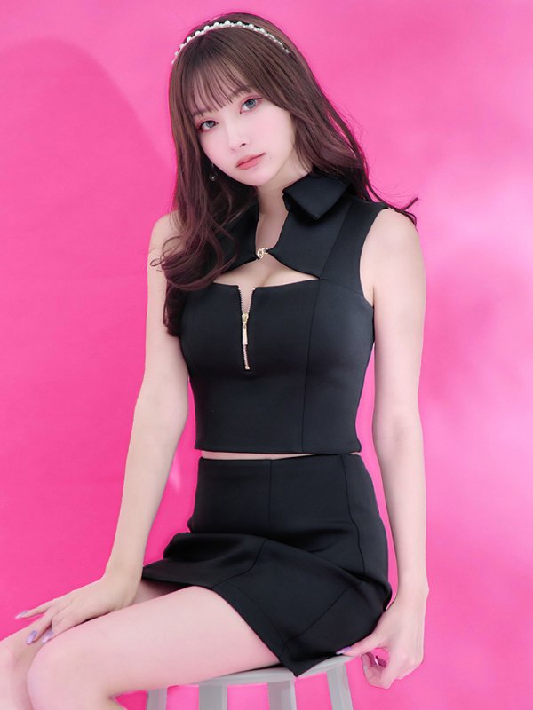 画像6: XSサイズあり【Glossy/グロッシー】襟付き/ フロントジッパー/ ノースリーブ/ ワンカラー/ ストレッチ/ タイト/ ミニドレス/ キャバドレス[OF08] (6)