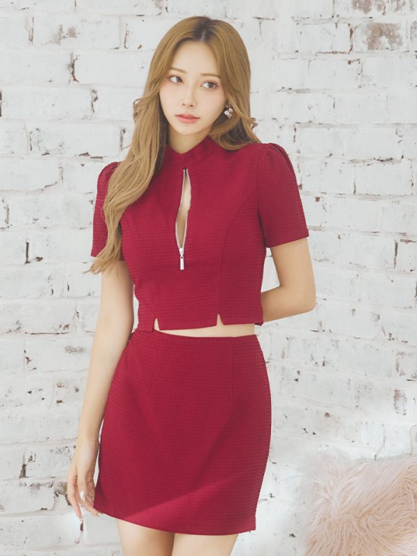 画像6: 【LIMITED SALE開催中！! 11月11日より順次発送予定】XSサイズあり【Glossy/グロッシー】フロントジッパー/ セットアップ/ 袖あり/ 半袖/ シンプル/ ワンカラー/ ストレッチ/ タイト/ ミニドレス/ キャバドレス[OF08] (6)