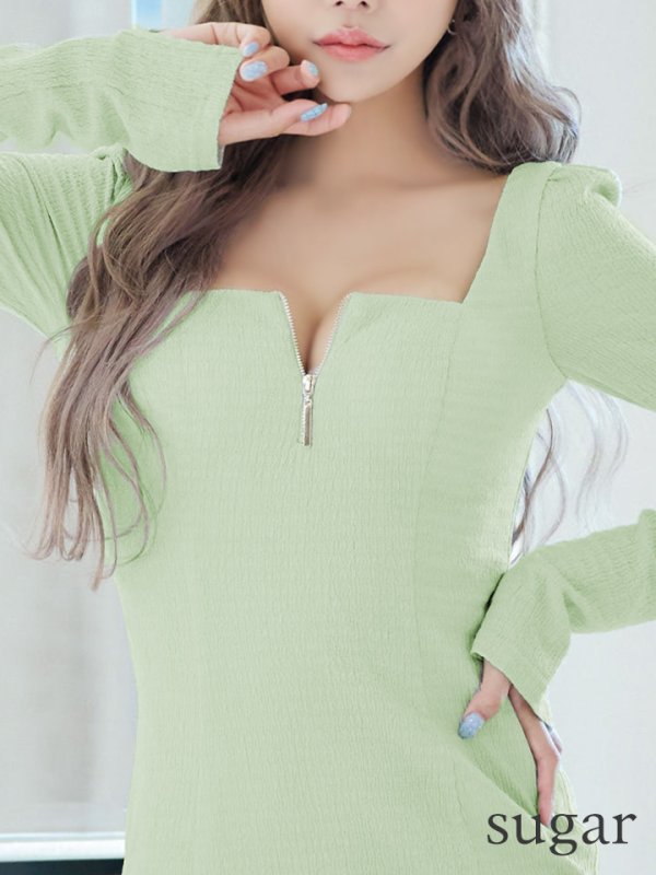 画像10: Lサイズあり【Glossy/グロッシー】フロントジップ/ ロングスリーブ/ 袖あり/ ワッフル/ ワンカラー/ ストレッチ/ タイト/ ミニドレス/ キャバドレス[OF2] (10)