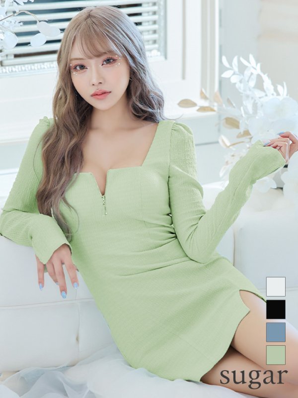 Lサイズあり【ROBE de FLEURS Glossy/ローブ・ド・フルール グロッシー】フロントジップ/ ロングスリーブ/ 袖あり/ ワッフル/ ワンカラー/ ストレッチ/ タイト/ ミニドレス/ キャバドレス[OF2]　クラッシュミント