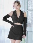 画像5: XSサイズあり【ROBE de FLEURS Glossy/ローブ・ド・フルール グロッシー】フロントジッパー/ オフショル/ ロングスリーブ/ 袖あり/ ワンカラー/ 台形スカート/ セットアップ/ ミニドレス/ キャバドレス[OF2] (5)