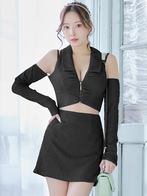 画像2: XSサイズあり【Glossy/グロッシー】フロントジッパー/ オフショル/ ロングスリーブ/ 袖あり/ ワンカラー/ 台形スカート/ セットアップ/ ミニドレス/ キャバドレス[OF08] (2)